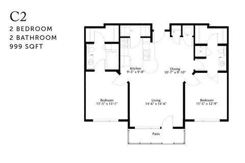 Floor plan for 2 beds, 2 baths, 1025 sqft